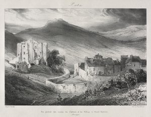 Maleriske og romantiske ture i det gamle Frankrig, Auvergne: Ruiner af slottet og landsbyen Saint Nectaire af Eugene Isabey