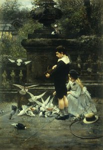 Feeding the Pigeons, 1887 af Eugene Joors