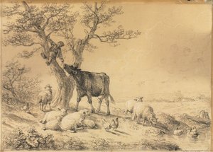 Landskab med dyr og dreng i træ, 1866.