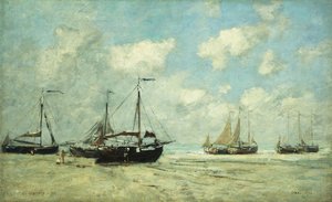 Både på kysten ved Scheveningen; Scheveningen, Skibe strandede på Greve, 1875 af Eugene Louis Boudin