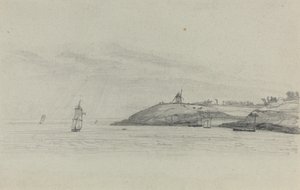 Kystlandskab med Skibsfart, Vindmølle i Afstand, ca. 1858. af Eugene Louis Boudin