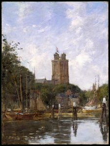 Dordrecht, den store kirke fra kanalen, 1884 af Eugene Louis Boudin