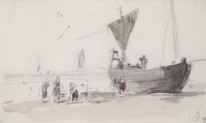 Fiskerbåd på stranden (blyant og wc på papir) af Eugene Louis Boudin