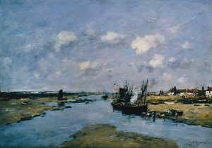 Lacanche ved lavvande, Etaples (olie på lærred) af Eugene Louis Boudin
