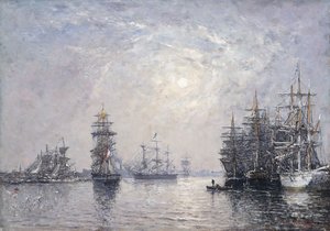 Le Havre, Eure-bassinet, sejlbåde for anker, solnedgang; Le Havre, Eure-bassinet, sejlbåde ved anker, solnedgang, 1870 af Eugene Louis Boudin