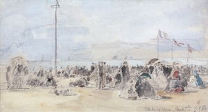 People on the Beach, Trouville, 1866 (wc & grafit på papir) af Eugene Louis Boudin