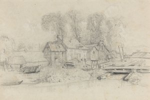 Flodlandskab med bygninger, både og figurer, ca. 1858. af Eugene Louis Boudin
