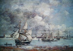 Sejlbåde i en havn (olie) af Eugene Louis Boudin