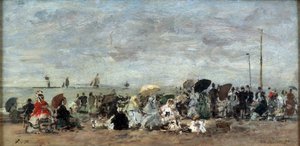Scene på stranden i Trouville af Eugene Louis Boudin