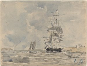Havlandskab med sejlerfartøj, ca. 1875. af Eugene Louis Boudin