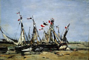 Trouville (Frankrig), venter på tidevandet, fiskerbåde på stranden, dekoreret med franske flag, til minde om den franske revolution i 1789 af Eugene Louis Boudin