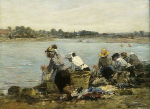 Vaskekvinder ved drejningsmomentet; Vaskekvinderne på La Touque, af Eugene Louis Boudin