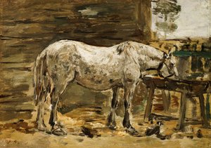 Hvid hest ved drikketruget, ca. 1885-90 af Eugene Louis Boudin