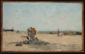 Kvinde med paraply på stranden, ca. 1880-85 (olie på panel) af Eugene Louis Boudin