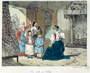 Et besøg i landsbyen. En rig kvinde besøger en fattig familie. Illustration af bogen "La vie de chateau"". Gravering af Eugene Louis Lami (1800-1890) af Eugene Louis Lami