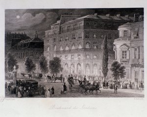 Animation omkring teatre på boulevard des Italians i Paris. Gravering af Eugene Louis Lami (1800-1890) 1843 Privat samling af Eugene Louis Lami
