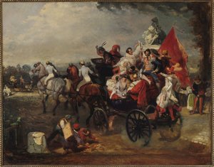 Vogn med mænd og kvinder i kostumer på Champs-Elysees, 1834 af Eugene Louis Lami