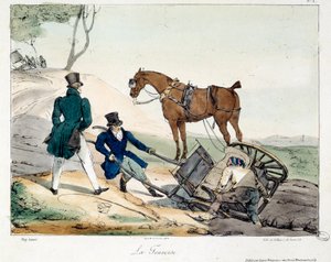 Vognulykke forårsaget af skinnen. Illustration af bogen "La vie de chateau"". Gravering af Eugene Louis Lami (1800-1890) af Eugene Louis Lami