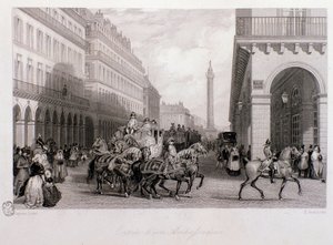 Cortege af en ambassadør på Place de la Bourse ved hans ankomst til Paris. Gravering af Eugene Louis Lami (1800-1890) 1843 Privat samling af Eugene Louis Lami