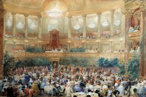 Middag tilbudt af Napoleon III til dronning Victoria i værelset på Opera de Versailles den 25. august af Eugene Louis Lami