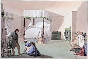 Hostel: en tjener hjælper en kunde med at tage sko på. Illustration af Eugene Louis Lami (1800-1890), midten af det 19. århundrede af Eugene Louis Lami