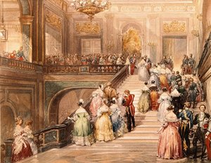 Kong Louis Philippe I (1773 - 1850) og Dronning Marie Amélie de Bourbon (1782 - 1866) modtog gæsterne i anledning af indvielsen af Versailles-museet i 1837. Illustration af Eugène Lami (1800 - 1890). af Eugene Louis Lami
