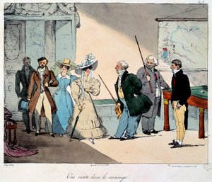 Livet på slottet: et besøg i nabolaget. Litografi af en tegning af Eugene Louis Lami (1800-1890) 1828 Paris, Musee Carnavalet af Eugene Louis Lami