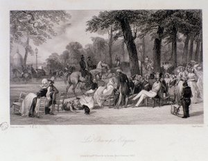 Passagerer og vandrere på Champs Elysees (Champs-Elysees) i Paris. Gravering af Eugene Louis Lami (1800-1890) 1841 Privat samling af Eugene Louis Lami