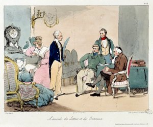 Ankomsten af breve og aviser. Illustration af bogen "La vie de chateau"". Gravering af Eugene Louis Lami (1800-1890) af Eugene Louis Lami