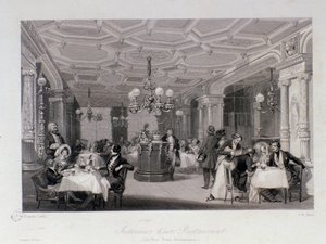 Udsigt over det indre af restauranten "Les trois freres provencaux"" nær Palais Royal i Paris. Gravering af Eugene Louis Lami (1800-1890) 1843 Privat samling af Eugene Louis Lami