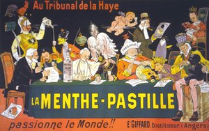 Tegnefilmsplakat på fredskonferencen i Haag i 1899: "" I Haag-domstolen brænder myntepastillen - verden!" af Eugène Ogé (1861 - 1936)