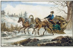 Hesteslæden, med læ for rejsende. (Trojka Kibitka). Værk af Eugene Pluchard (1809-1880), litografi og akvarel