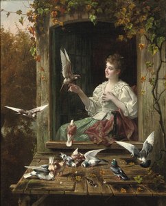 Feeding the Birds (olie på lærred) af Eugene Remy and Portielje Jan Maes