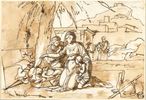 Madonna med barn, Sankt Anna og Sankt Johannes, med Sankt Josef i baggrunden af Eugenio Agneni