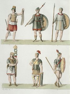 Romerske soldater, detalje fra plade 2, klasse 5 i del I af Nationernes historie, indgraveret af Buttazon aquatint se også 93289 af Eugenio Bosa