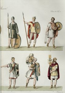 Romerske soldater, detalje fra plade 2, klasse 5 i del I af Nationernes historie, indgraveret af Buttazon (akvatint) (se også 93288) af Eugenio Bosa
