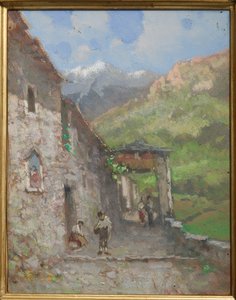 Alpine Village (olie og tempera på pap)