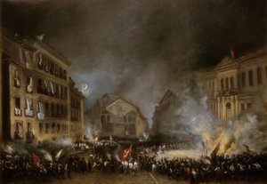 Episode af revolutionen i 1854 i Puerta del Sol i Madrid. Maleri af Eugenio LUCAS VELAZQUEZ