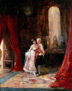 Selvtillid. En elegant ung kvinde på armen af en kammertjener går frem med et blik, der er en blanding af nysgerrighed og bekymring. Maleri af Eugenio Lucas Villamil (1858-1918). Olie på lærred. Privat samling. af Eugenio Lucas Villamil