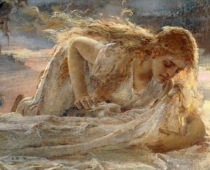 Magdalene, der kysser Kristi fødder, da han bliver taget ned fra korset, detaljer fra Kristus og Maria Magdalene af Eugenio Prati