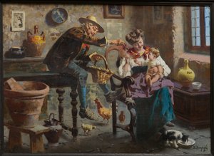 Scene med en mand, en kvinde og en babypige (olie på lærred) af Eugenio Zampighi
