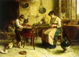 Skrivelektionen (olie på lærred) af Eugenio Zampighi