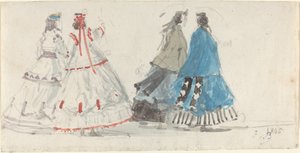 Fire damer i Crinolines går i Trouville af Eugène Boudin