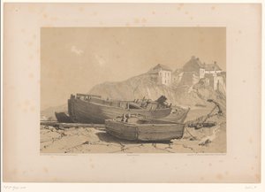 Klippekyst med både og fiskerby af Eugène Cicéri (attributed to)
