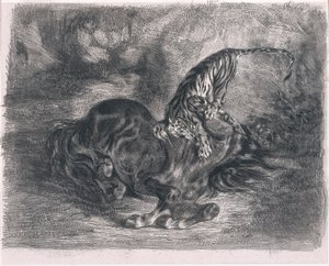 Vild hest slået ned af en tiger af Ferdinand Victor Eugene Delacroix