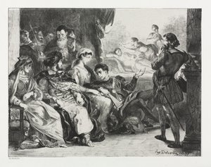 Hamlet: Hamlet befaler skuespillerne at lave en scene fra hans fars forgiftning af Eugène Delacroix