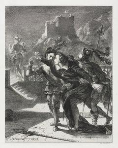 Hamlet: Hamlet skynder sig at følge sin fars spøgelse af Eugène Delacroix