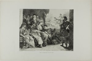 Hamlet får spillerne til at iscenesætte forgiftningen af hans far, planche 7 fra Hamlet af Eugène Delacroix