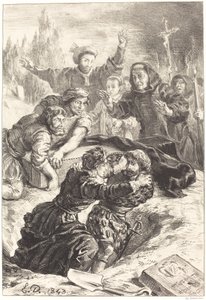 Hamlet og Laertes i Ophelias grav (V. akt, Scene I) af Eugène Delacroix