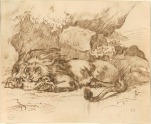 Løve fortærer en kanin af Eugène Delacroix